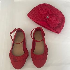 Toddler red shoes with cozy hat both in good condition